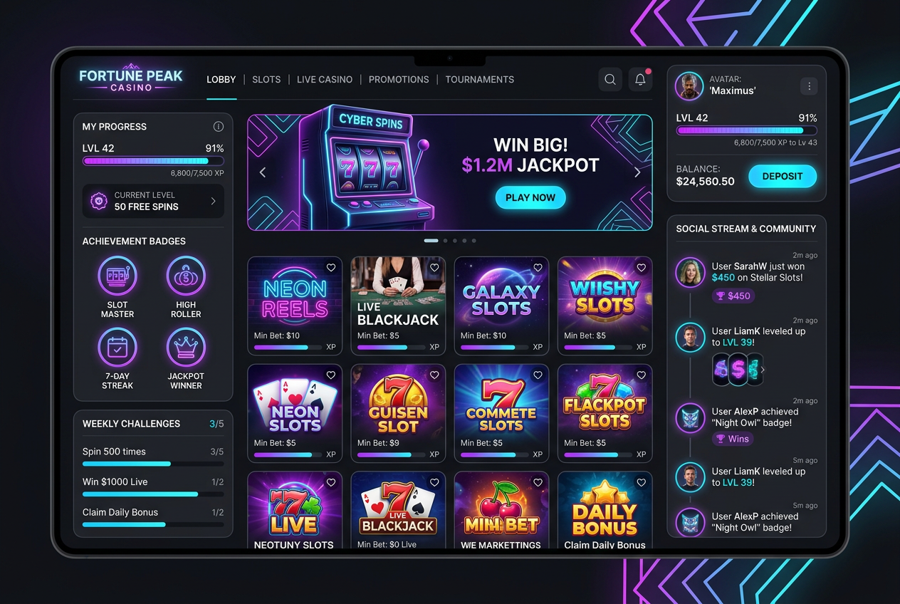 Nowoczesne lobby kasyna online 2026 z systemem gamifikacji i grami typu Crash