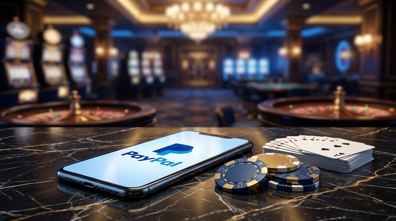 Smartfon z logo PayPal i żetony kasynowe na luksusowym tle