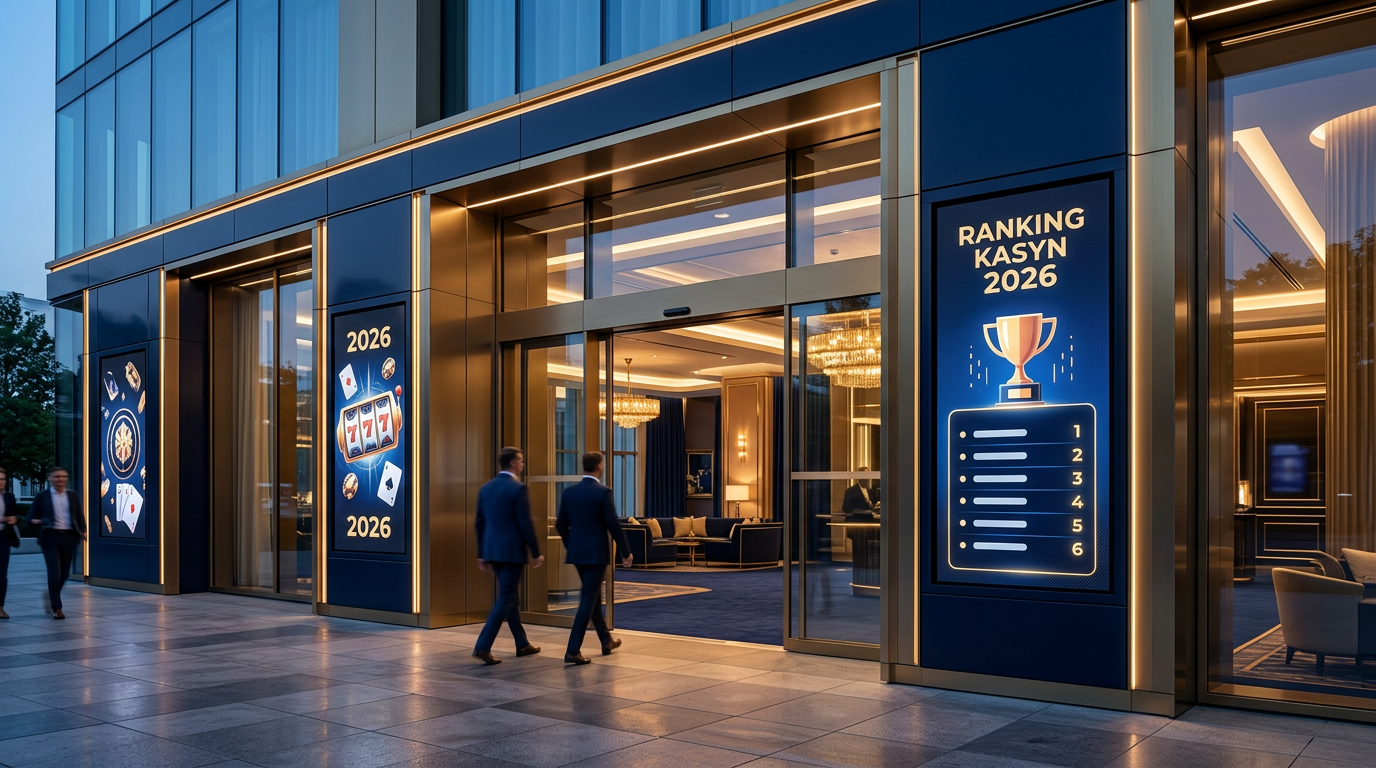 Luksusowy budynek kasyna z nowoczesnymi panelami informacyjnymi o rankingu 2026.