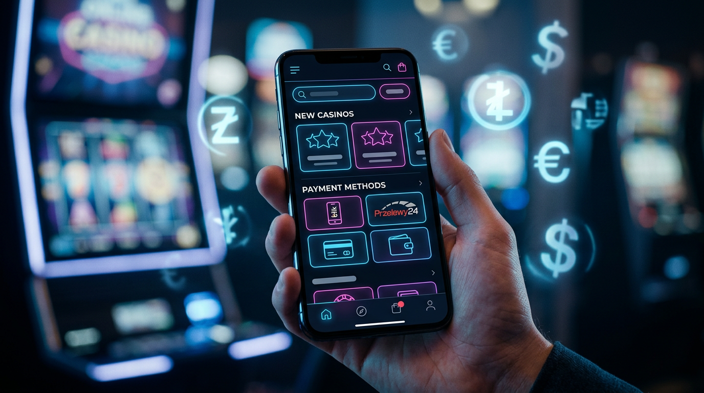 Nowoczesny interfejs najnowszego kasyna online 2026 na smartfonie z neonowymi akcentami.
