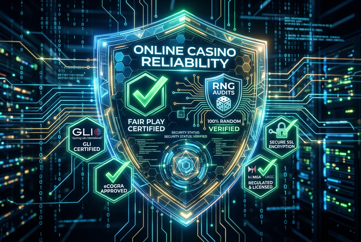 Cyfrowa tarcza bezpieczeństwa z symbolami audytów RNG reprezentująca rzetelność kasyn online
