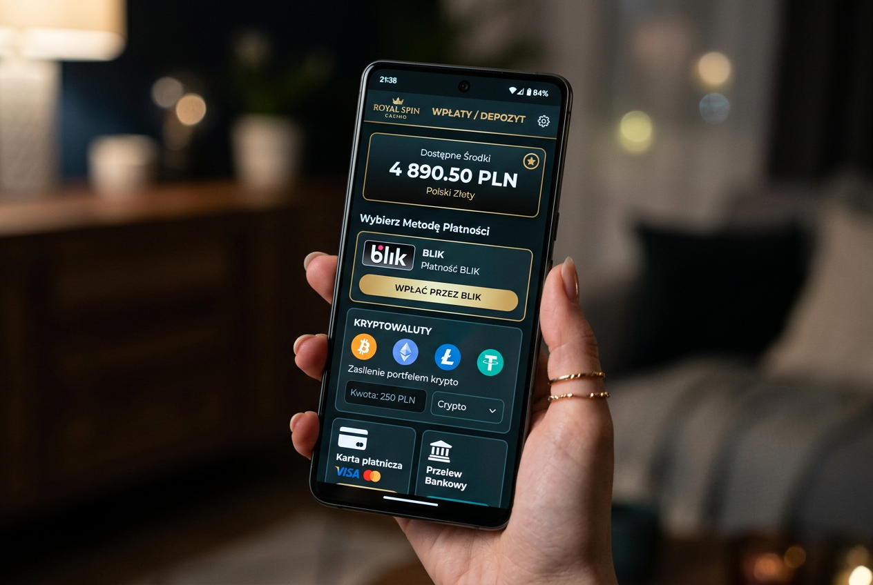 Interfejs mobilny kasyna z dostępnymi metodami płatności BLIK i krypto