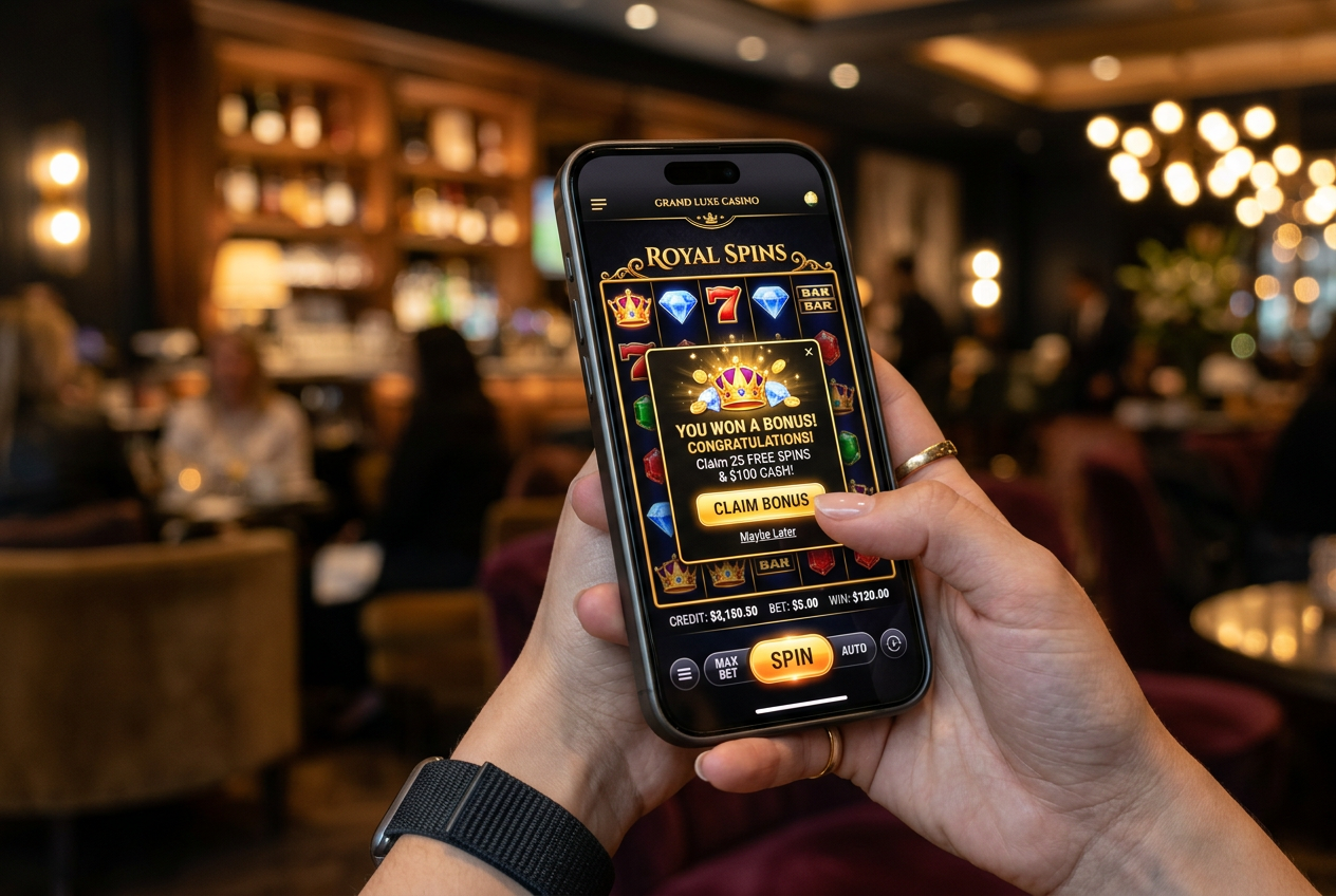 Modern smartphone displaying a casino app with high-tech slots interface