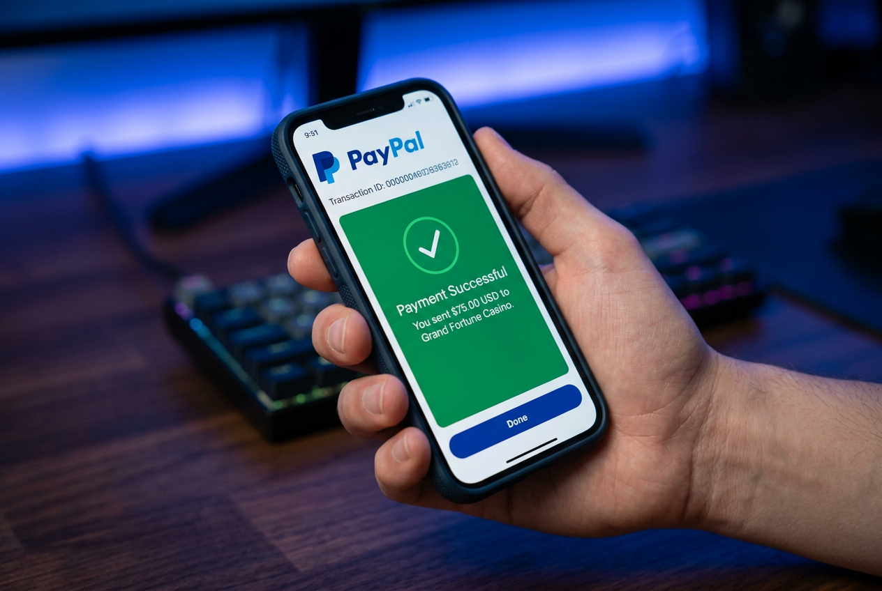 Interfejs płatności PayPal w nowoczesnym kasynie online na smartfonie