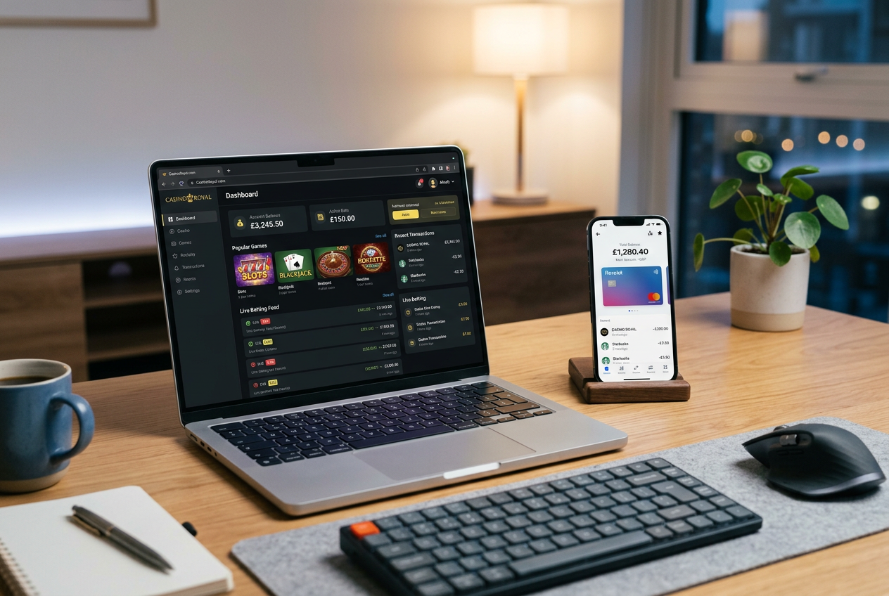 Smartfon z aplikacją Revolut obok laptopa z widocznym kasynem online
